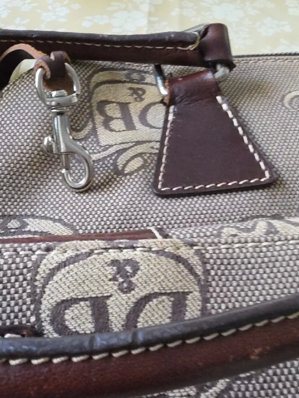 DB Patterned Canvas Satchel with Brown Leather Trim